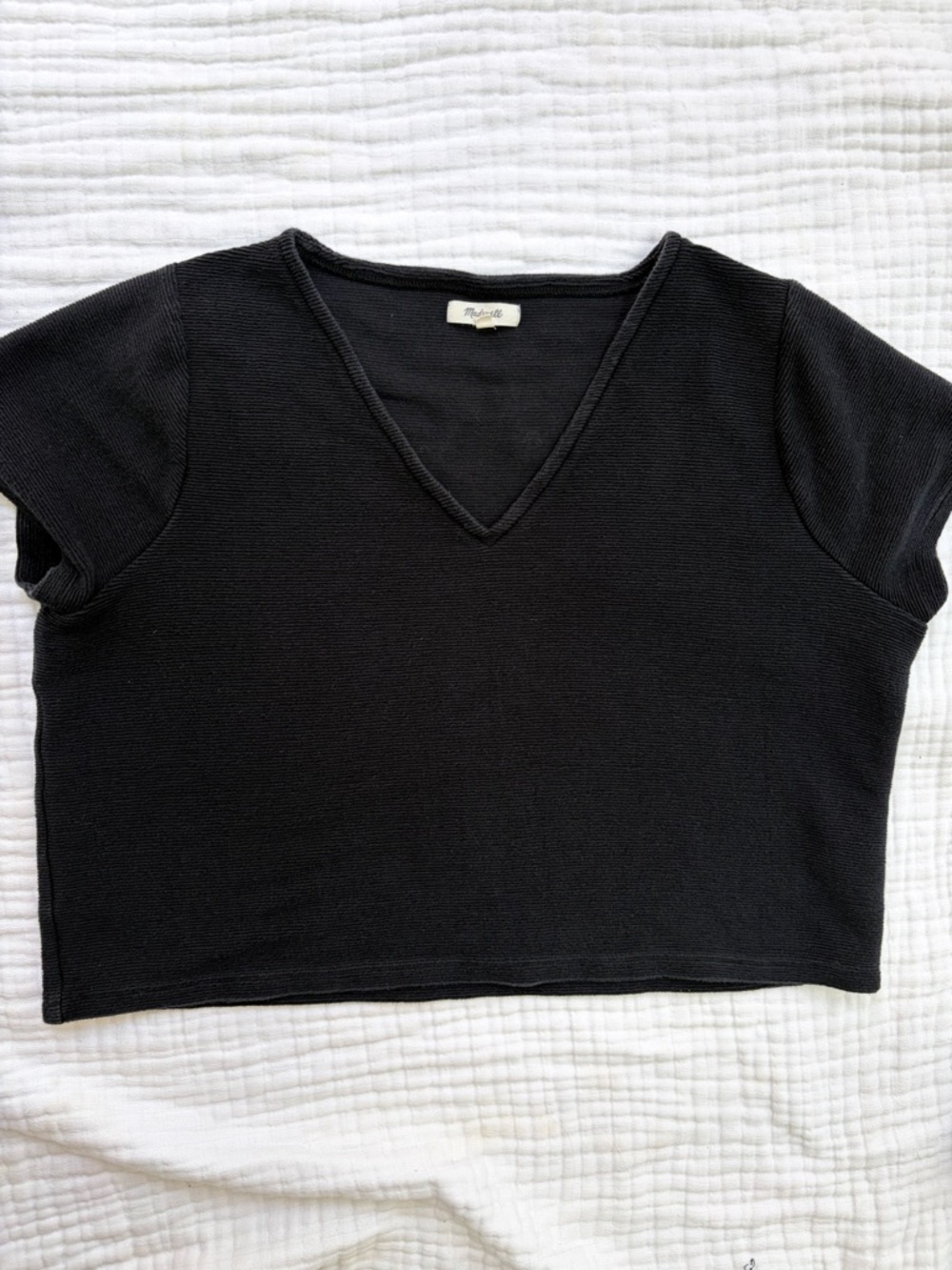Madewell Black Ribbed Crop Top XL Cotton V Neck Minimalist Basic